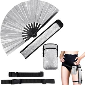 3 Pcs Glitter Rave Fan Accessories for Women Includes Rave Fan Cell Phone Bag Holder with Arm/Leg Band Belt for Music Raves EDM Festival Club Dance Circuit Christmas Party (Silver)