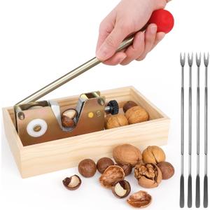 Nut Cracker Heavy Duty Walnut Cracker with Wooden Base Adjustable Nut Tongs Manual Nut Crackers for All Nuts Nut Cracker Tool for Walnut Pecan Macadamia Hazelnuts Chestnut and More-4 Picks Included