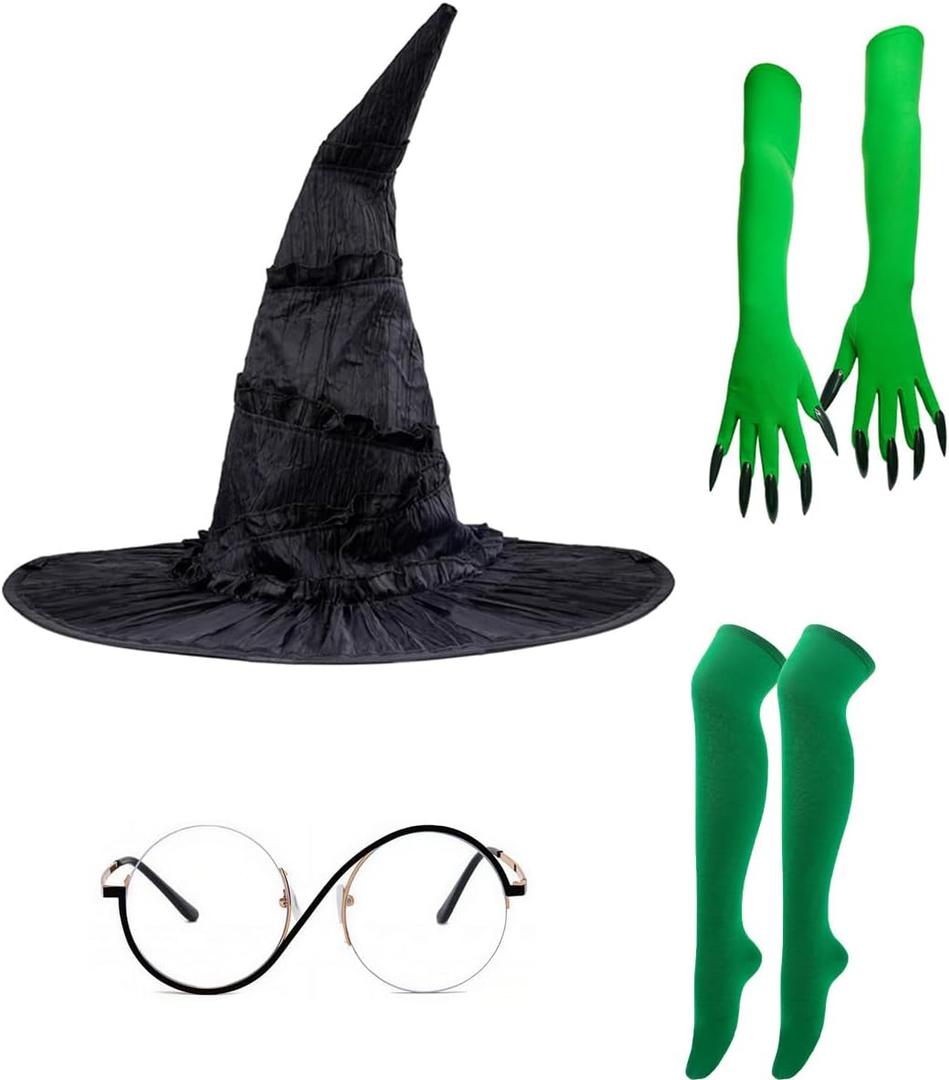 4-Piece Witch Costume Accessories Set, Black Hat, Green Gloves with Claws, Stockings, Round Glasses
