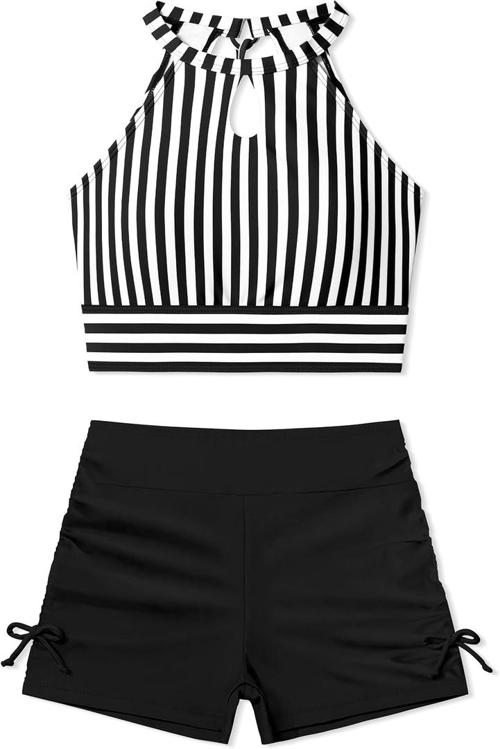 Girls Swimsuits Tankini Striped Halter Neck Cute Bathing Suits Swim Shorts 2 Piece Sets (11-12 Years, Black+stripes)