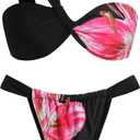 ZAFUL Women's One Shoulder Bikini Twisted Ruched High Cut Bandeau Bikini Set Two Piece Swimsuit, (6-Flower Black, M)