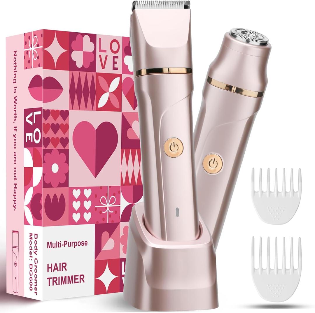 Bikini Trimmer for Women 2 in 1 Electric Razors Shaver Facial Hair Removal for Women Pubic, Armpit, Face &Precision Areas, IPX7 Waterproof,Rechargeable Dock, Rose Golden