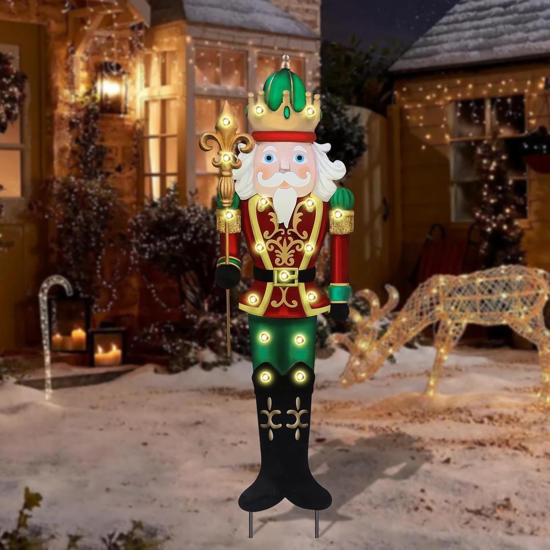 Christmas Yard Stakes Lighted Up Metal Christmas Yard Decorations LED King Nutcracker with Crown Scepter Lighted Stakes Outdoor Xmas Stake Lawn Pathway Outdoor Decoration