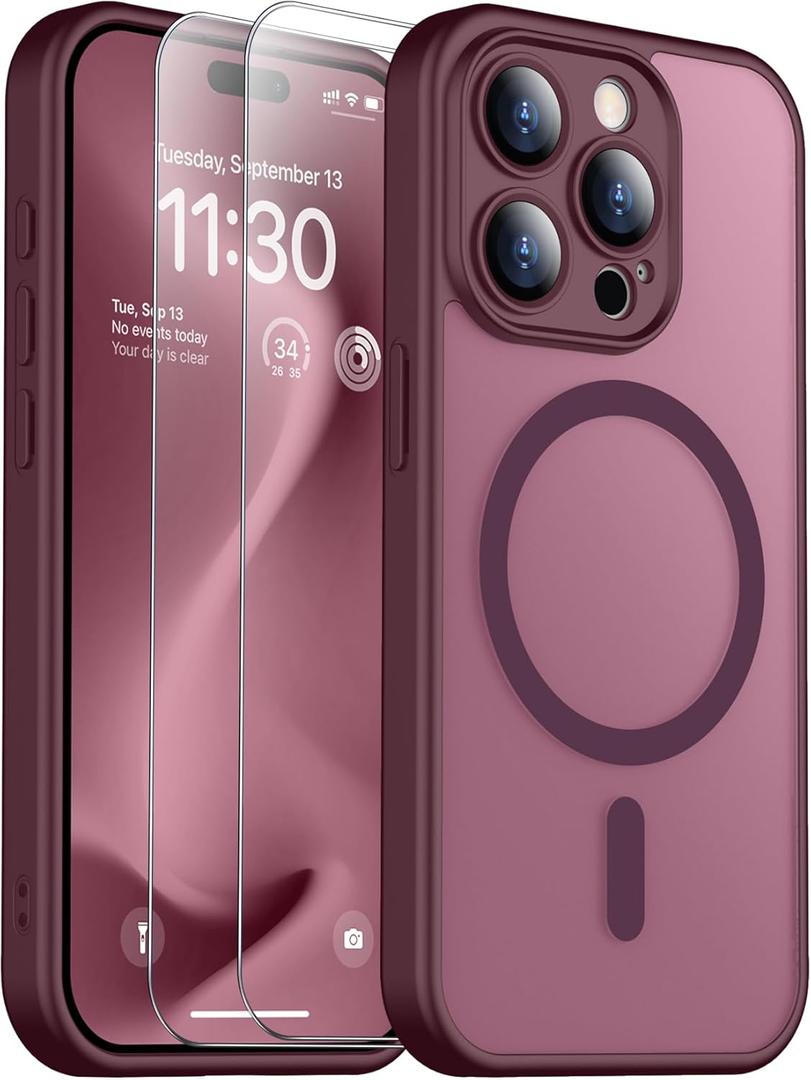 SPIDERCASE Designed for iPhone 15 Pro Case, Magnetic with [2 Tempered Glass Screen Protector] [Full Camera Protection] Anti-Fingerprint Anti-Scratch Cell Phone Case, Wine Red