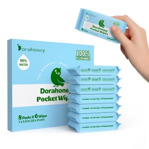 Flushable Wipes Travel Size, 99% Water Mini Wet Wipes for Sensitive Skin, Hypoallergenic & Unscented On The Go Pocket Wipes, 48 Count (8 Packs of 6)