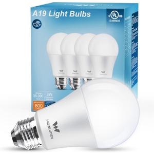 A19 LED Light Bulb,9W E26 Light Bulbs(60 Watt/80 Watt Equivalent),2700K Warm White,Non-Dimmable,800LM Standard Base for Bedroom, Kitchen, Living Room, Office,UL Listed,4 Packs