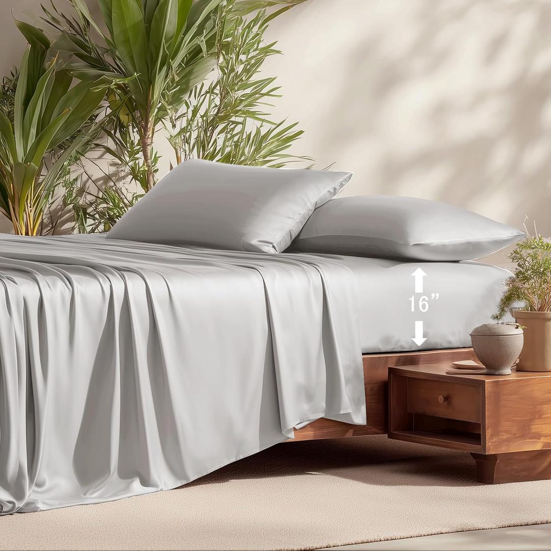 NATUREFIELD 100% Rayon Viscose Derived from Bamboo Sheets Set - Gray King Size 4 Piece- Hotel Luxury Silky-Smooth Feel,Cooling Breathable, for Hot Sleepers, 16" Deep Pocket, 240 Thread Count