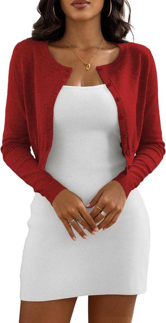 Women's Cropped Cardigan Sweaters Crew Neck Button Down Open Front Knit Bolero Shrugs (Red, M)