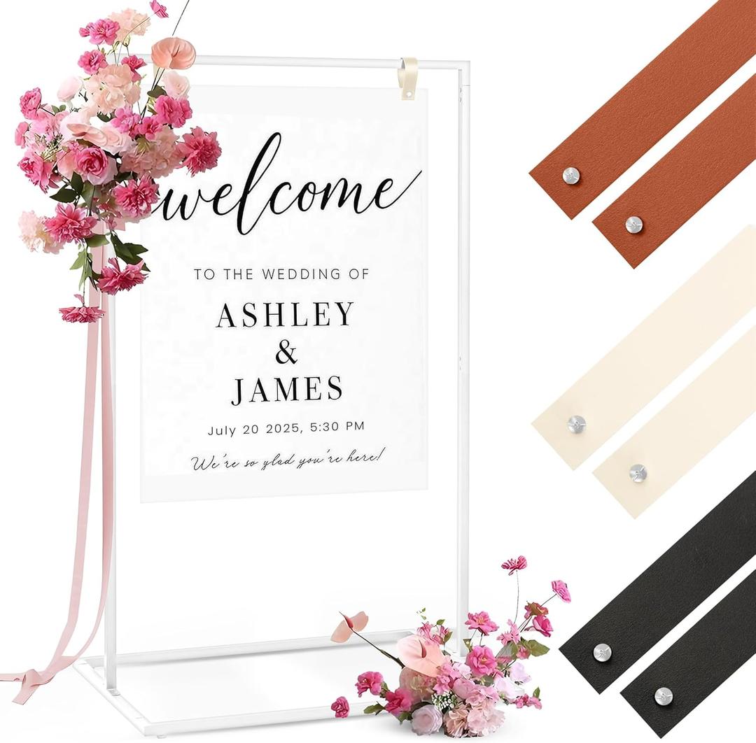 ARTASY Welcome Sign Stand with 6 Leather Straps  Sturdy Wedding Sign Stand & White Metal Easel Stand for Signs  Ideal for Seating Charts & Event Dcor