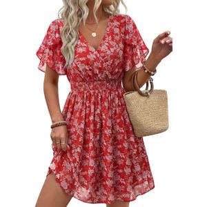 Womens Summer Ruffle Short Sleeve Dress V Neck Flowy Chiffon Layers Boho Dresses (Red, L)