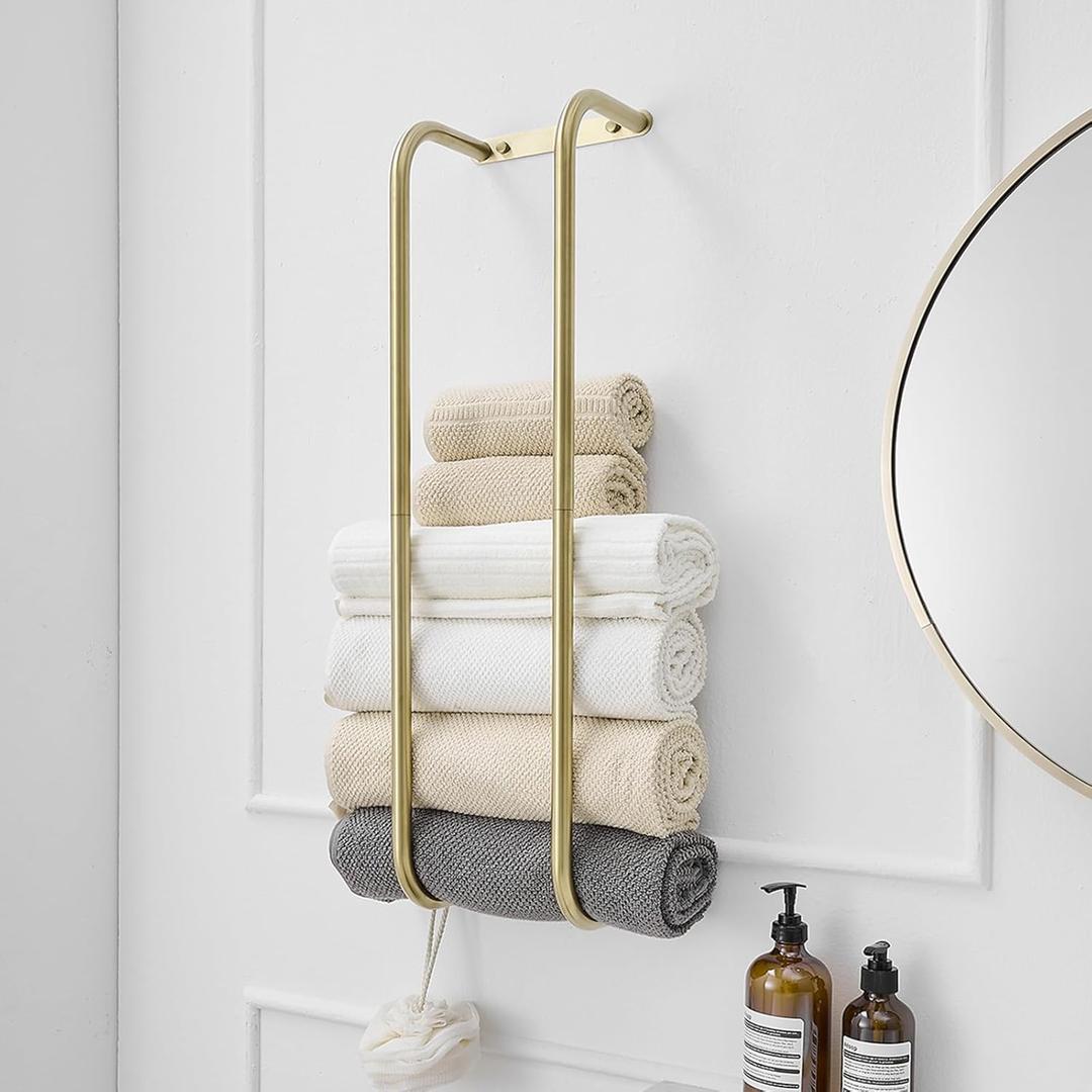 BWE Brushed Gold Towel Racks for Bathroom, Wall Mounted Towel Rack for Rolled Towels, Bathroom Towel Storage, Stainless Steel Vertical Towel Holder, Bathroom Organizer (30 inch)