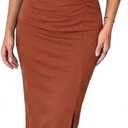 CHICME Women's Bodycon Midi Dress Ruched Puff Sleeve Cocktail Brown Pencil Dress Casual Slit Party Work Dresses-S