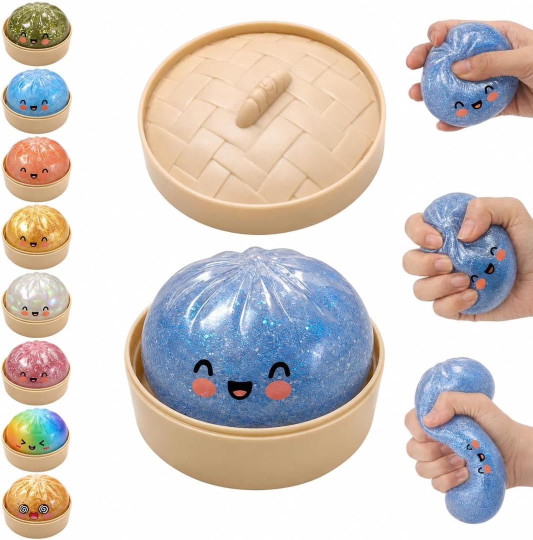 hepanio Glitter Dumpling Squishy,Dumpling Squishies,Glitter Dumpling Mystery Box,Colorful Dumpling Stress Balls Fidget,Jumbo Squishy Toy with Steamer Box,Soft Squeeze Decompression Dough (Blue)