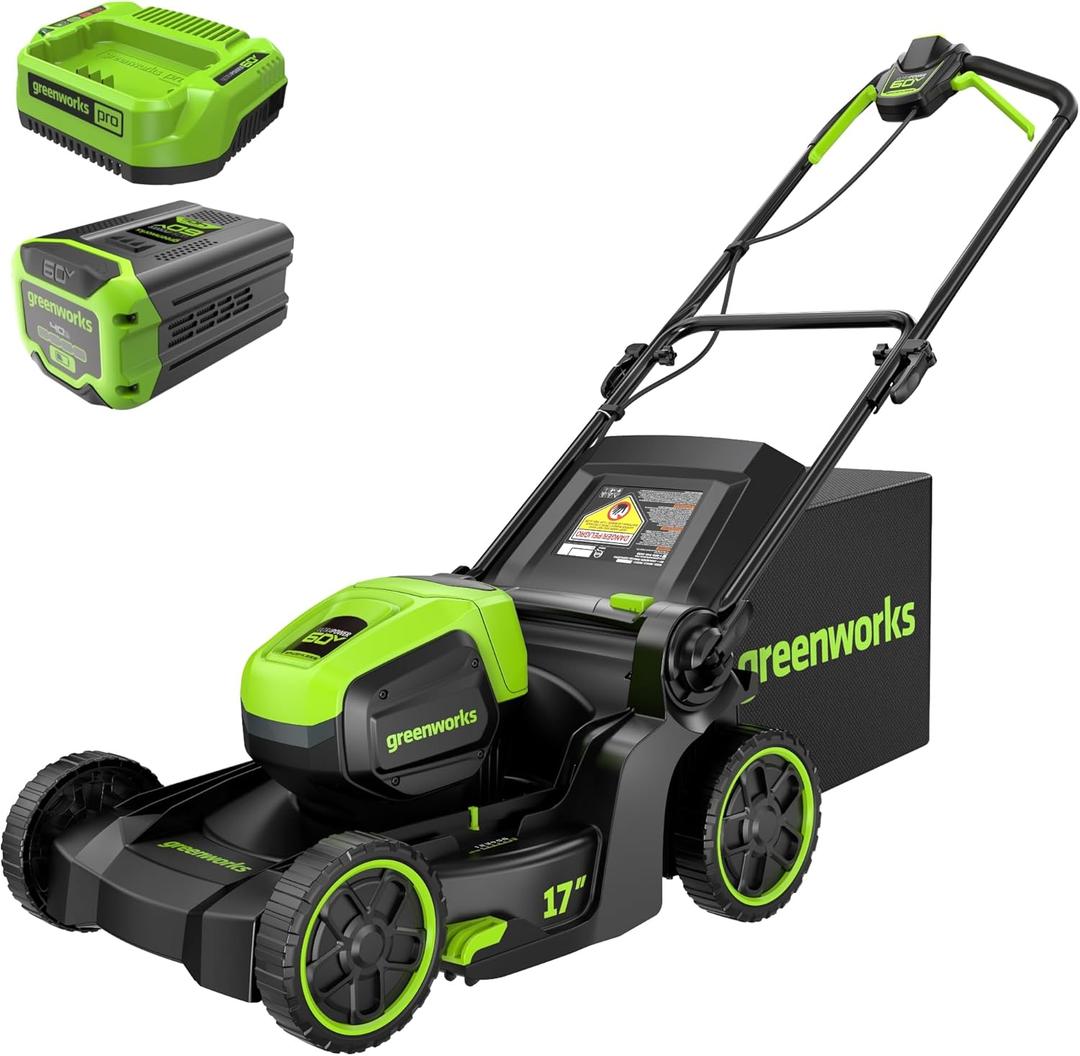 Greenworks 60V 17" Brushless Cordless Push Lawn Mower, 2-in-1 Mulching/Bagging, 4.0Ah Battery and 3A Charger(40min Runtime)