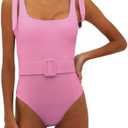 Saodimallsu Womens Sexy One Piece Bathing Suit High Cut Knit Square Neck Tied Strappy Swimsuit with Belt M