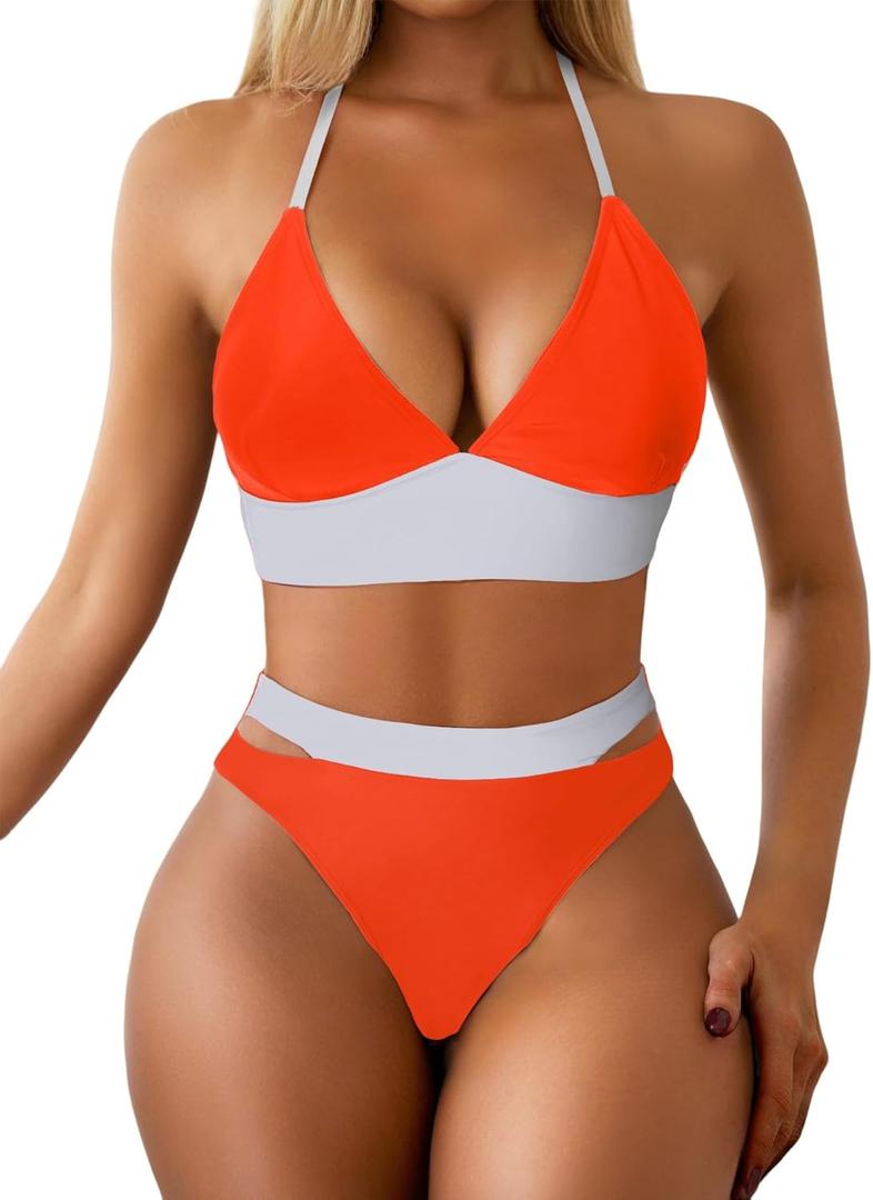 Women's Color Matching Sexy Two-Piece Swimsuit, Waist Cutout Bikini Set (Orange+white)