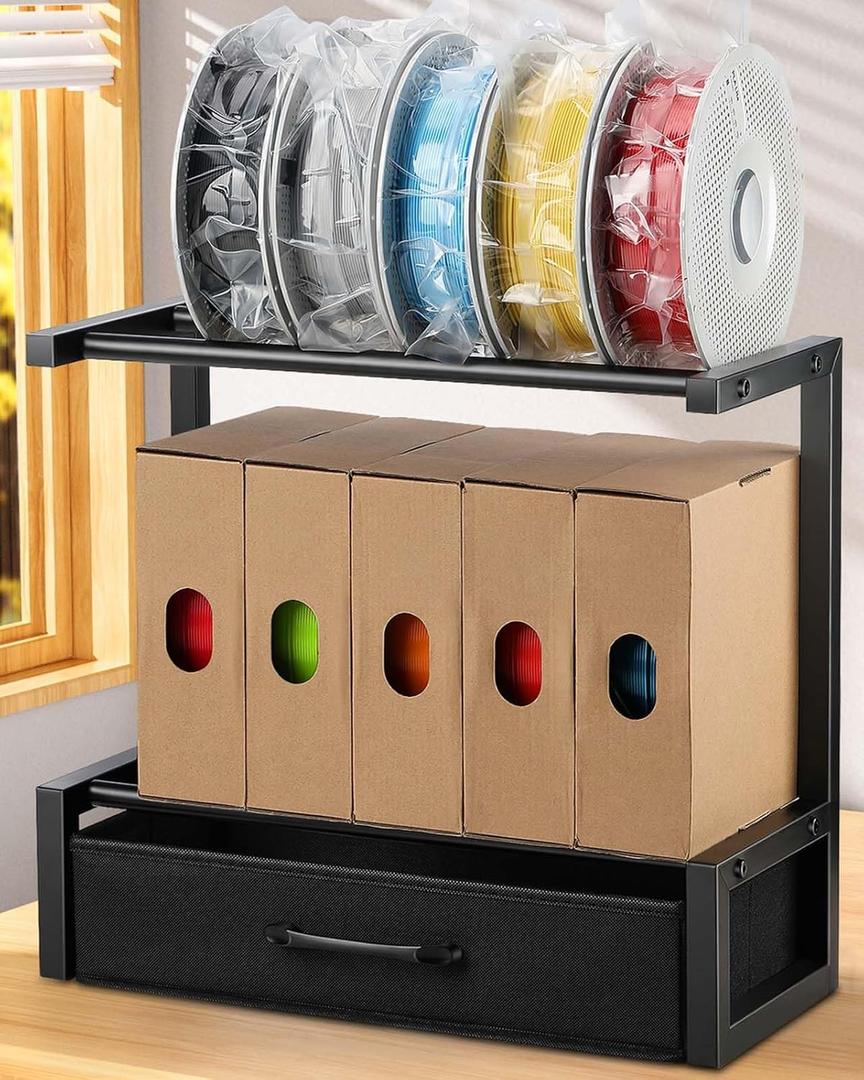 2-Tier Desktop Filament Storage Rack with Fabric Drawer - 3D Printer Filament Spools Holder Shelf for PLA/ABS/TPU Filaments, Tabletop Organizer for Home Office, Workshop Studio (Black Single Row)