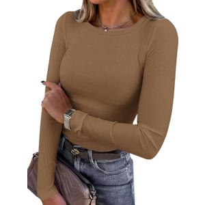 PRETTYGARDEN Women 2025 Fall Clothes Long Sleeve Shirts Ribbed Knit Fitted Basic Tee Going Out Tops Underscrub Casual Outfits (Small, Dark Khaki)