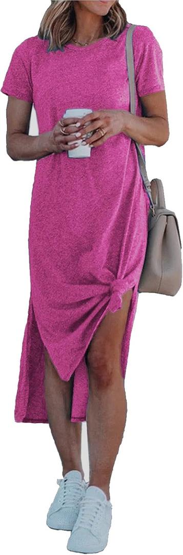 Alaster Womens Casual T-Shirt Midi Dress 2025 Short Sleeve Summer High Splits Dress with Pocket High Low Solid Midi Dress (Medium, Rose Pink)