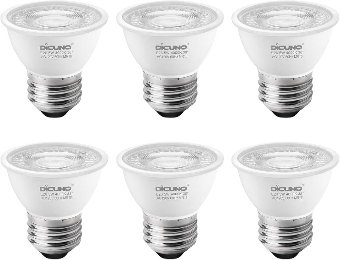 DiCUNO PAR16 LED Bulb Dimmable, 5W Short Neck Spotlight Bulb, 550Lumen, 38 Beam Angle, Natural White 4000K, 50W Equivalent E26 LED for Recessed Light, Curio Cabinet Pack of 6