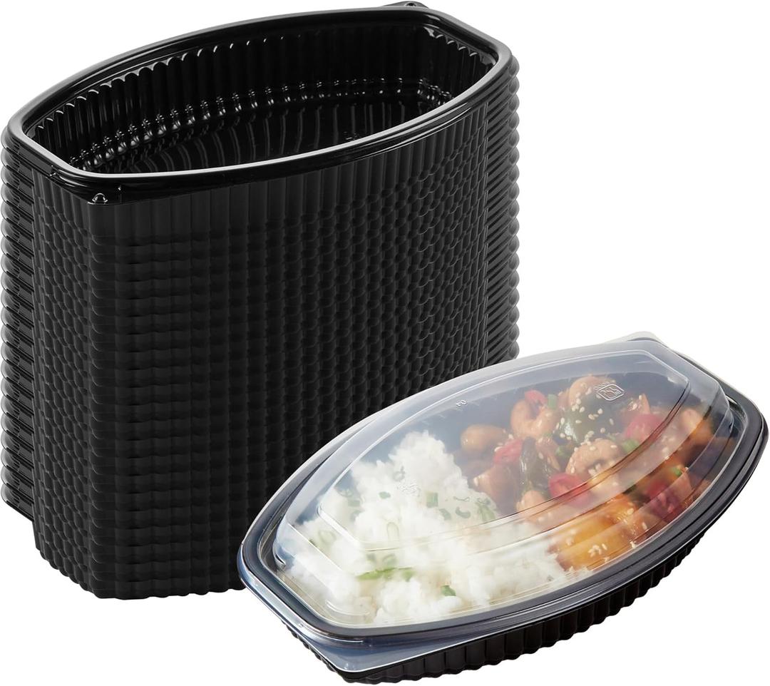 RW Base 21 Ounce Meal Prep Containers, 50 Microwavable To Go Containers With Lids - Disposable, Freezable, Black Plastic Oval Food Containers, Pack Hot And Cold Food, For Takeaway - Restaurantware