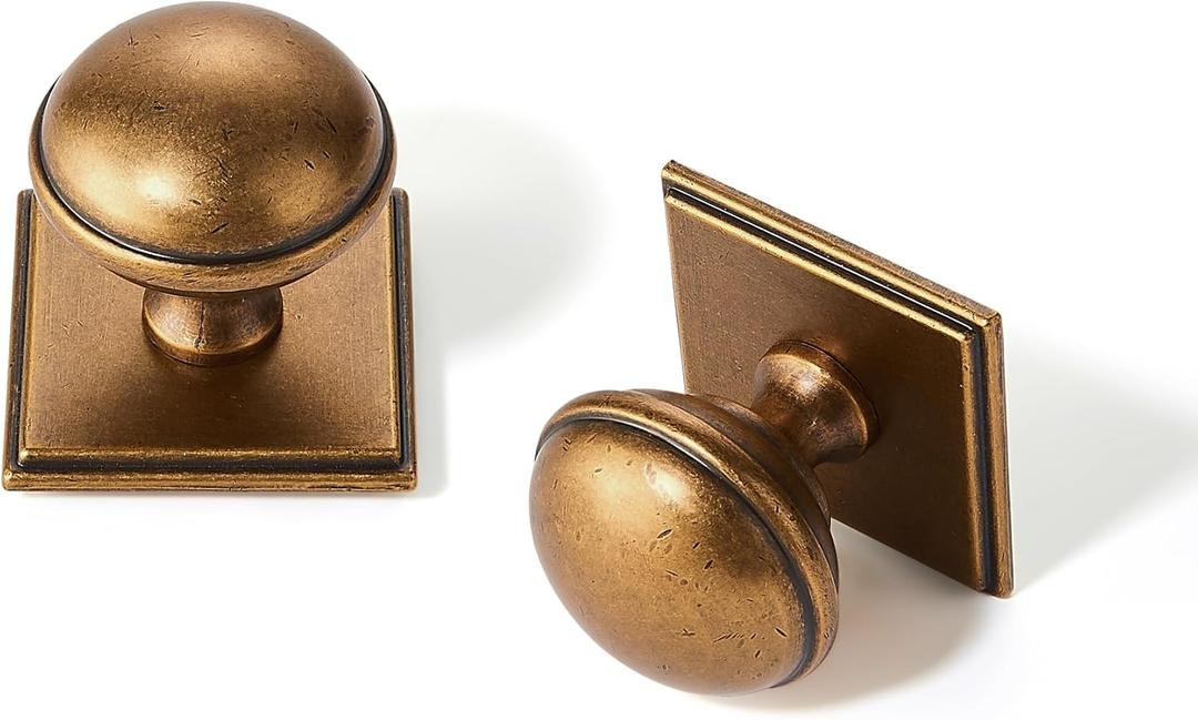 SAILING 10 Pack Cabinet Knobs- Antique Brass Single Hole Square Base Plate Drawer Handles Cabinet Handles Kitchen Bedroom Dresser Drawer Handles Knobs