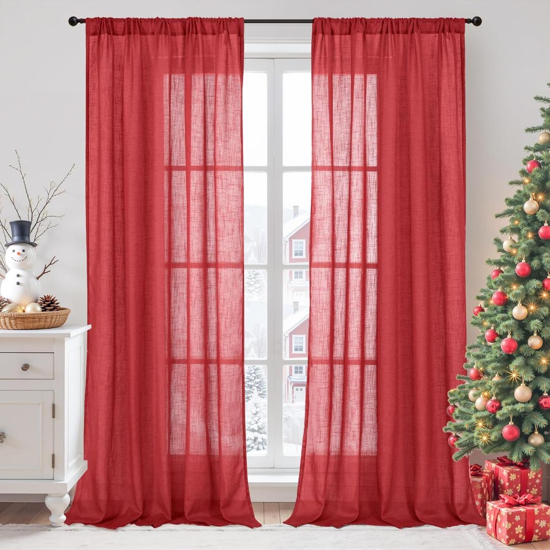 BGment Red Linen Curtains for Living Room 84 Inch Length - Semi Sheer Window Drapes Textured with Rod Pocket for Bedroom Decor Lightweight Light Filtering, 2 Panels Set, Each Panel 52 Inch Wide