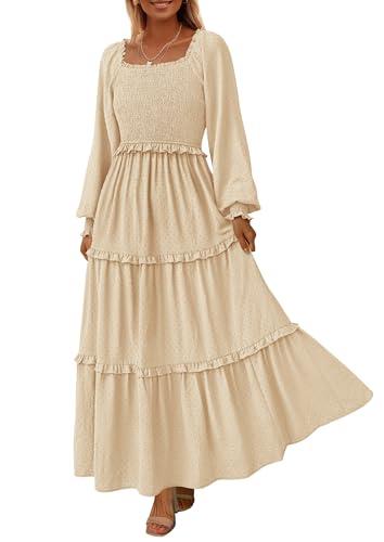 PRETTYGARDEN Fall Dresses for Women 2025 Long Sleeve Smocked Square Neck Swiss Dot Tiered Flowy Wedding Guest Maxi Dress (Beige,Large)