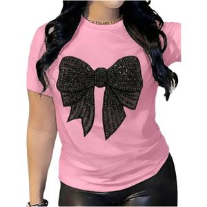 RoseSeek Women's Rhinestone Sequin Bowknot Graphic Tees Short Sleeve Crewneck Summer Tops Going Out T Shirt (XS)