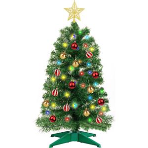 3FT Green Christmas Tree Tinsel with 50 Warm White & Multi Color Fariy Light 3D Star 15 Ball Ornament, 12 Light Modes Timer Battery Operated Small Artificial Full Xmas Tree Table Indoor Holiday Decor