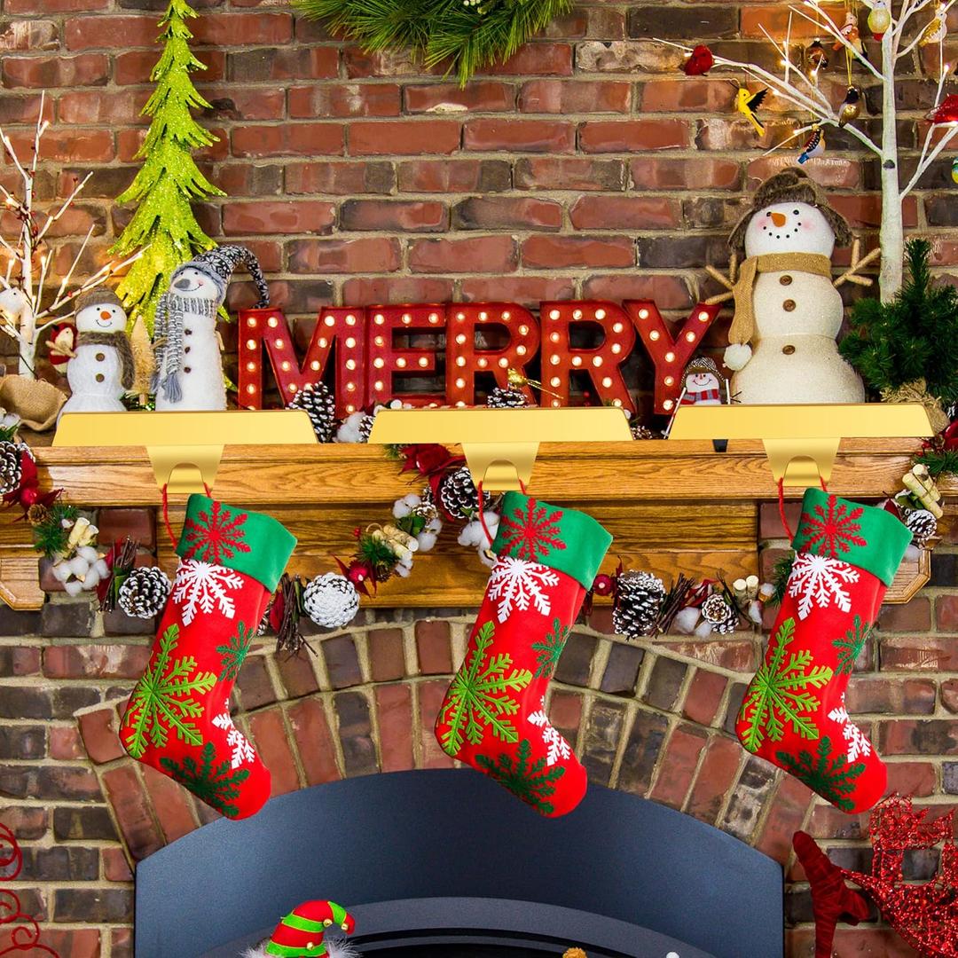 2 Pcs Gold Christmas Metal Stocking Holders for Mantle, Heavy Duty Stocking Hangers Stocking Hook Xmas Ornaments for Counter Tables Window Fireplace Mantle Decoration