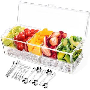 Condiment Tray with Stainless Steel 5 Spoons, 5 Forks and 1 Clip, Chilled Condiment Server, Condiment Server, Bar Garnish Holder on Ice, Bar Accessories Fruit and Salad with Removable Trays and Lid, 8 compartments