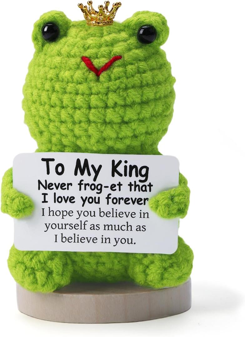 XKDOUS Positive Crochet Frog, Birthday Frog Gifts for Women Men, Handmade Emotional Support Decor, Inspirational Relaxation Self Care for Mom Dad Daughter Sister Friend Coworkers (to My King)