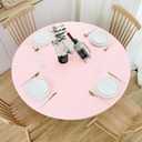 NLMUVW Round Fitted Vinyl Tablecloth with Elastic Edge 100% Waterproof Oil Proof PVC Table Cloth Wipe Clean Table Cover for Indoor and Outdoor, Light Pink, 40"- 44"
