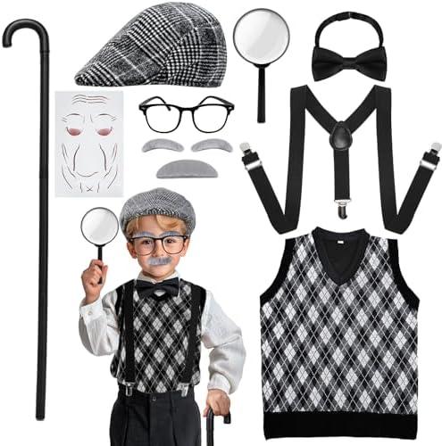 Skirfy Old Man Costume for Kids,100 Days of School Costume for Kids,Old Person Outfit for Boys,Grandpa Costume Size 150