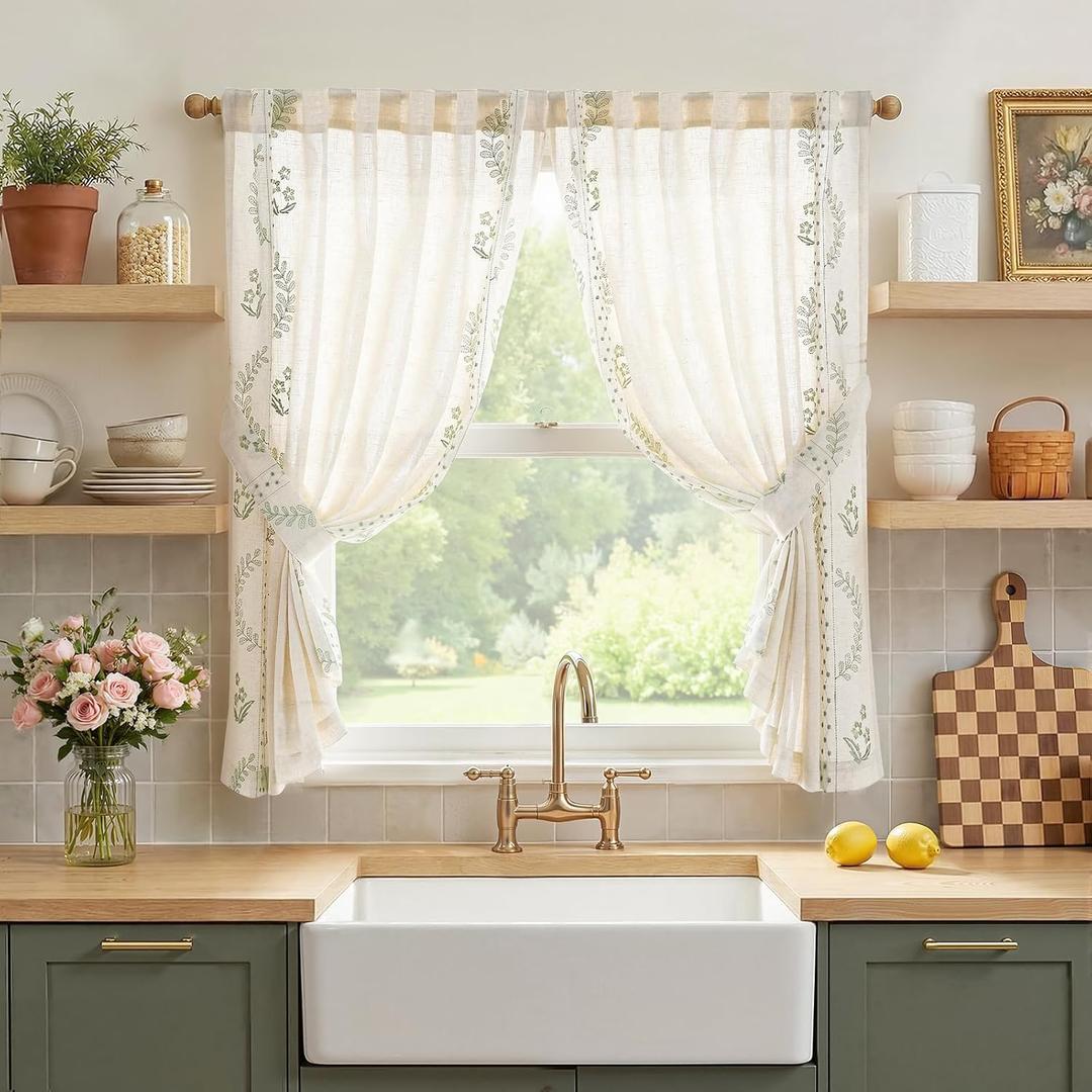 jinchan Belrose Linen Floral Cafe Curtains 45 Inch Length Embroidered Farmhouse Curtains for Kitchen Bedroom Bathroom Small Windows Curtain Set Light Filtering 2 Panels Sage Green