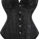 Women's Sexy Satin Corset-Bustier Floral Print Boned Overbust Corset Top Black Satin Waist Cincher (Medium)