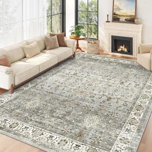 8x10 Area Rugs for Living Room, Machine Washable Non Slip Vintage Rug, Non-Slip Stain Resistant, Large Soft Home Decor Rug for Bedroom Dining Room (Ivory/Grey,8'x10')