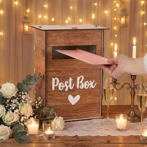 Vicenpal Wooden Wedding Card Box with Slot & Lid, Gift Card Mailbox Post Box Rustic Vintage Wedding Decorations for Reception Registry Gifts for Parties, Anniversaries, Birthday and Baby Showers
