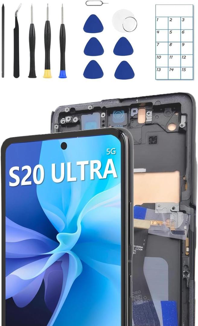 OLED Screen Replacement for Samsung Galaxy S20 Ultra 5G with Frame & Fingerprint Sensor  Includes Full Tool Kit & Installation GuideBlack
