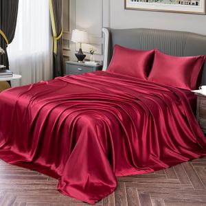 Vonty Satin Sheets Twin Silky Soft Satin Bed Sheets Burgundy Sheet Set, 1 Deep Pocket Fitted Sheet + 1 Flat Sheet + 1 Pillowcases