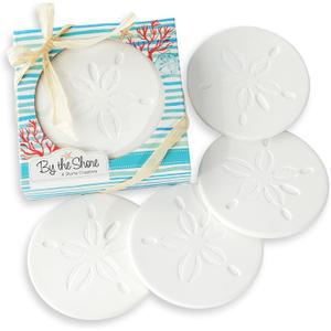 Kate Aspen Absorbent Sand Dollar Drink Coasters Set of 4 Coastal Decor, Nautical Home Decorations, Housewarming Gift, & Beach Themed Coasters for Drinks (White)