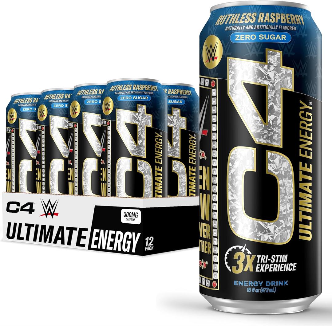C4 Ultimate x WWE | 300mg Caffeine Sugar Free Energy Drink | Ruthless Raspberry| 16oz (Pack of 12), No BB Date