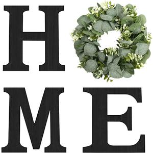 Wood Home Sign with Artificial Eucalyptus Wreath for O, Hanging Farmhouse Wall House Decor - Wood Home Letters for Art Rustic Home Decor, Wall Decor for Living Room Kitchen Entryway Gift (Black L) (11.8L" x 11.8W")