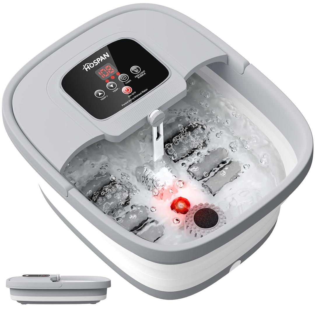 HOSPAN Collapsible Foot Spa with Heat, Bubble, Red Light, and Temperature Control, Foot Bath Massager with 8 Shiatsu Massage Rollers, Pedicure Foot Spa for Relaxation and Stress Relief (Gray)
