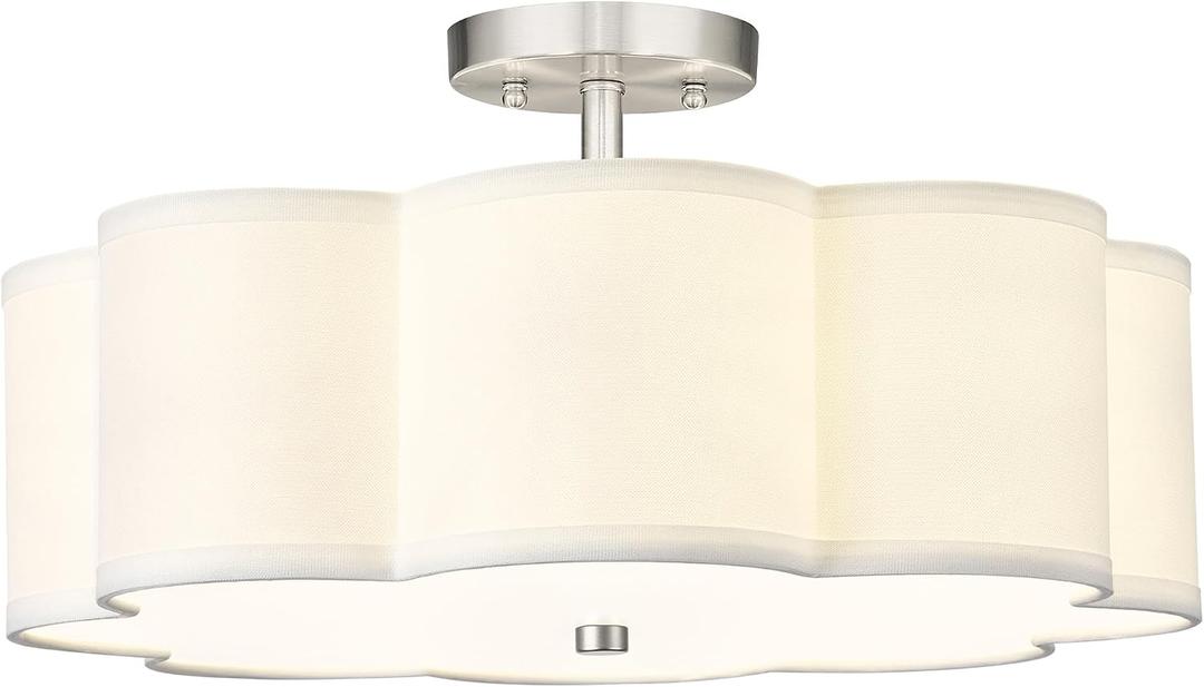 Semi Flush Mount Ceiling Lights, 4-Light 18" Ceiling Light Fixtures with Fabric Shade in Flower Shape, Brushed Nickel Farmhouse Drum Lighting for Nursery Bedroom Kitchen, AD-22009-4SF-SN