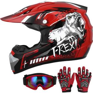 DOT Youth Dirt Bike Helmet with Goggles & Gloves for 5-14 Years Old, Kid ATV Helmets for Youth Boys Girls, Four Wheeler Helmet, Motocross BMX MX UTV Offroad Street Go Kart Dirt Bike Dinosaur (Large)
