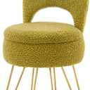 WROCFURSTAR Storage Ottoman Vanity Stool Chair with Folding Back Teddy Velvet Makeup Chair Multifunctional Upholstered Footstool,4 Metal Legs with Anti-Slip Feet for Bedroom Living Room Entryway (Green)