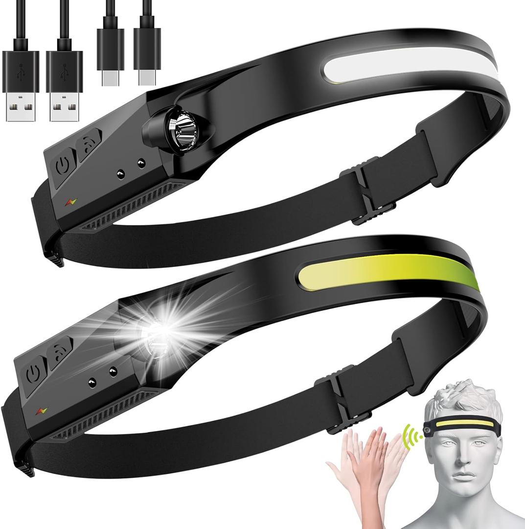 LED Headlamp, 2 Pack Rechargeable Flashlight for Adults, 230 Wide Beam Headlight, Motion Sensor Head Lamp, Adjustable Headband Outdoor Waterproof Head Light for Running, Camping, Hiking