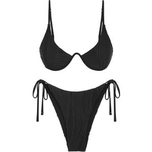 ZAFUL Women's Bikini Sets Ribbed Two Piece Swimsuits Underwire Adjustable Back Clasp Bathing Suit Side Tie Thong Swimwear (Black), Small